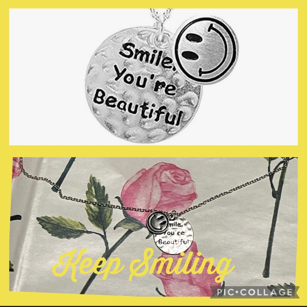 FRESH Modern Metallic Smile You're Beautiful Happy Face Pendant Charm Necklace